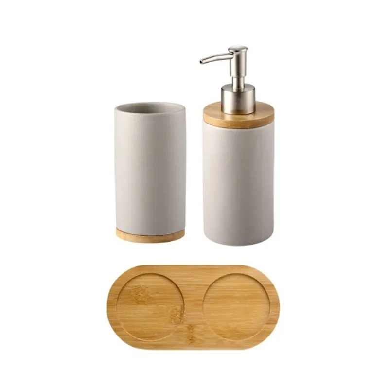 Ceramic Bathroom Accessories Set Toothbrush Holder Tumbler Soap Dispenser with Bamboo Tray Household Bathroom Decoration Kit