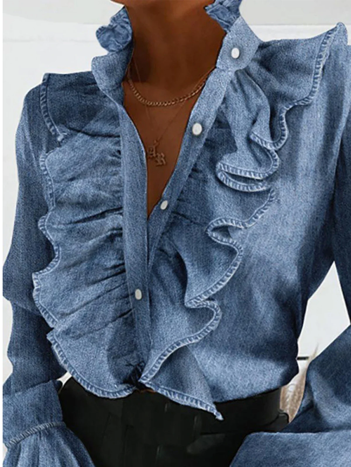 Denim Ruffled Long Sleeve Button Shirt Blouse Summer Sexy V Neck Pleated Chiffon Blouses Spring Elegant Office Lady Tops Blusa