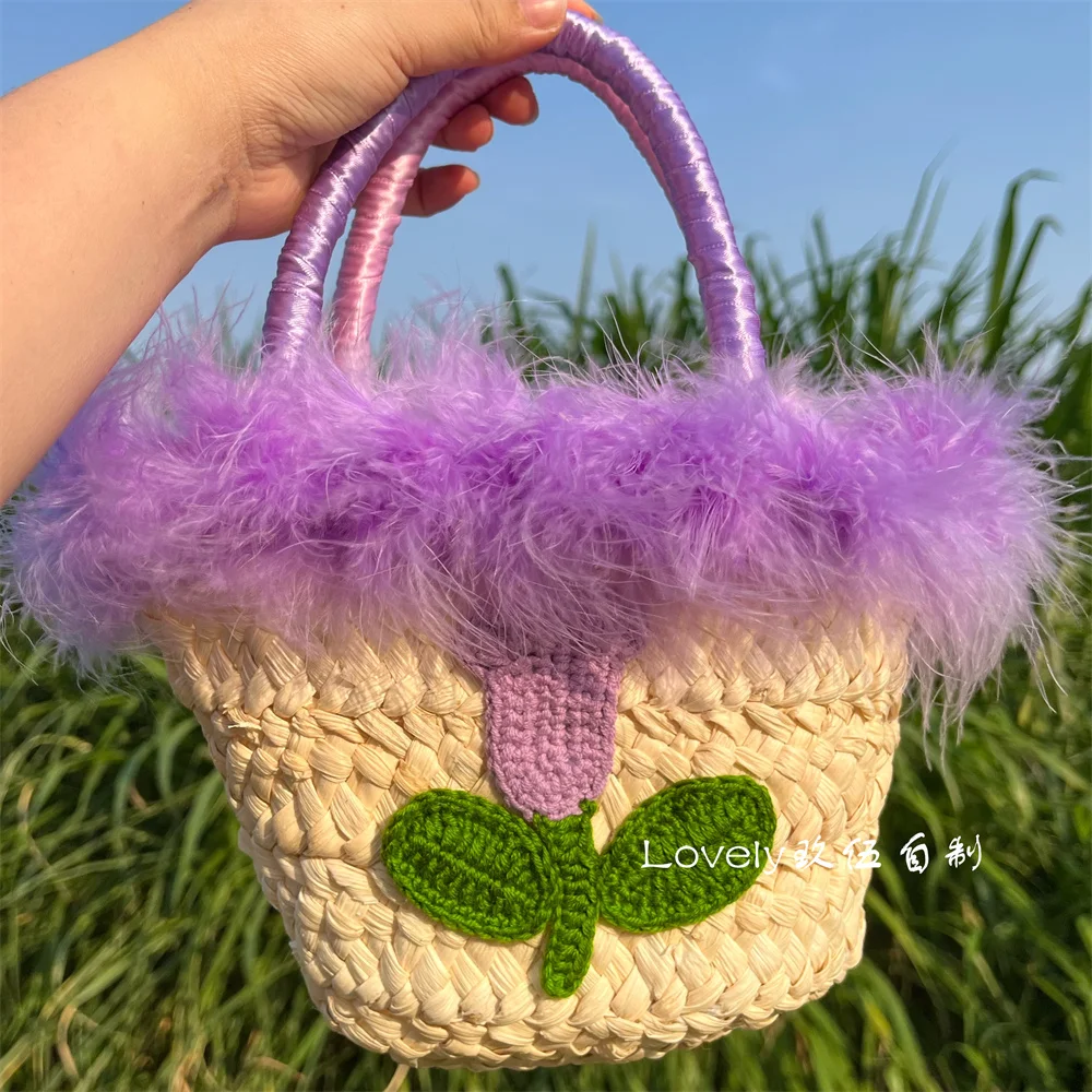 Summer Purple Color Ostrich Feather Pure Handmade Bag Women Handbag Woven Straw Tote Bag Holiday Seaside Beach Bag Shoulder Bag