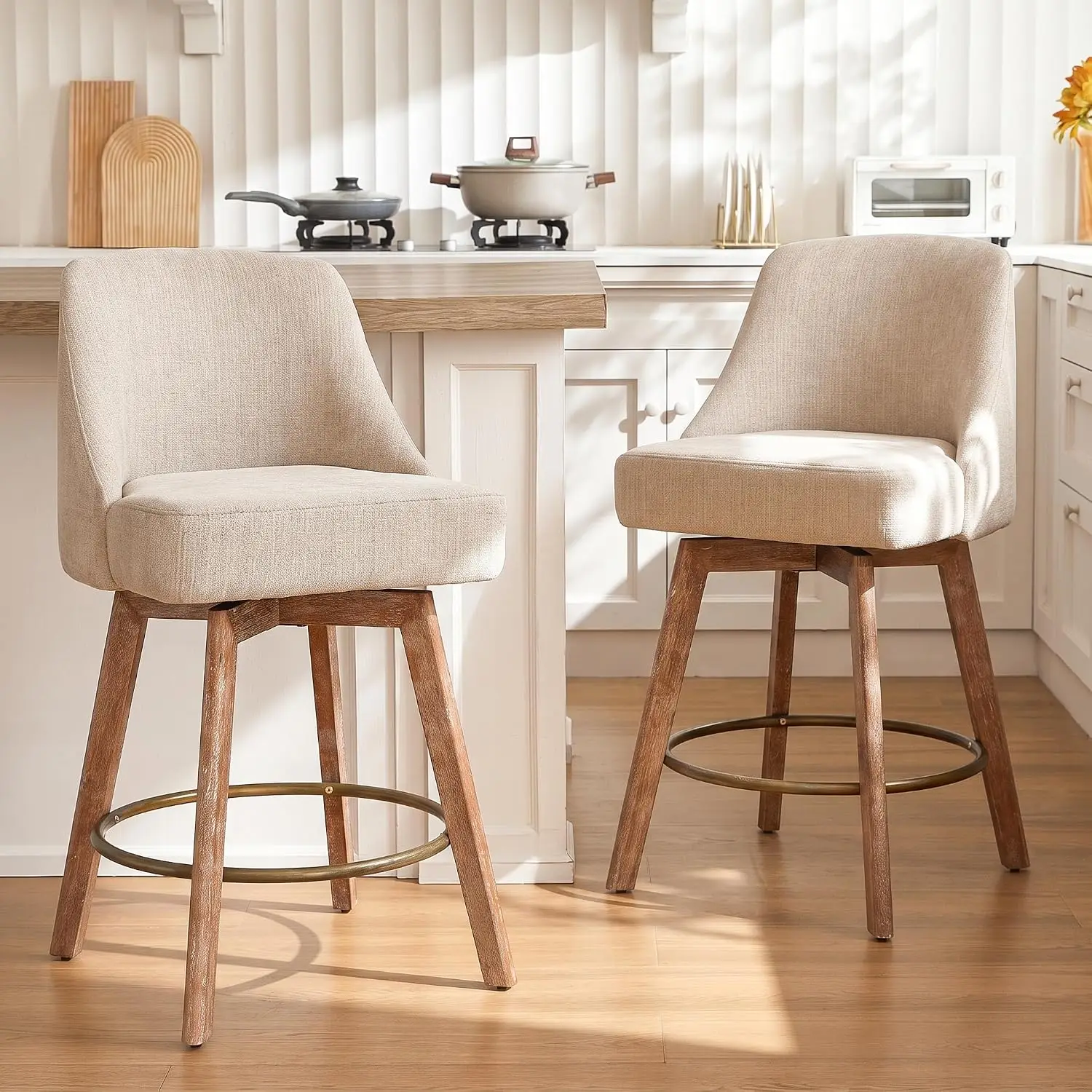 Counter Height Bar Stools,Sand-Colored Linen Comfort Fabric Bar Stool Set of 2,360° Swivel Counter Height Stools Solid Wood Legs