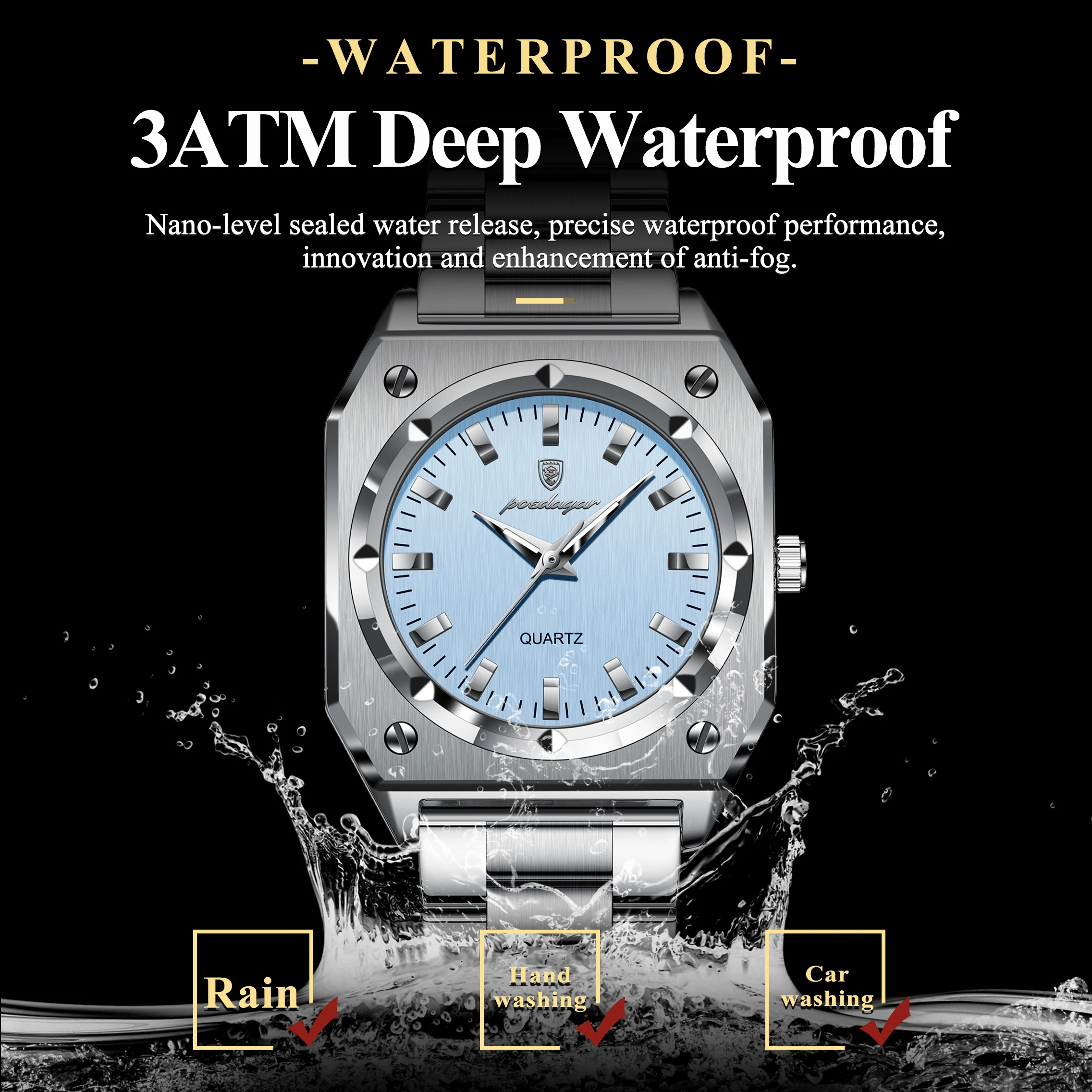 POEDAGAR ساعة نسائية فاخرة مربعة مقاومة للماء من الفولاذ المقاوم للصدأ ساعة نسائية عصرية مضيئة ساعات كوارتز نسائية أنيقة Reloj