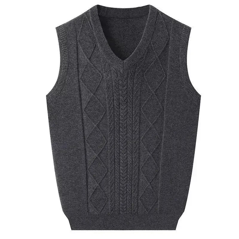 Men's Clothing Autumn Winter Solid Color Pullover V-Neck Screw Thread Sleeveless Sweater Knitted Vest Casual Fashion Tops WT38