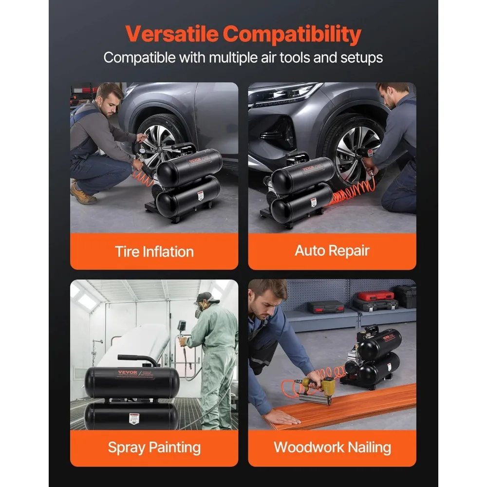 Compressor de ar sem óleo de 1 HP 2,2 CFM com tanque de aço de 4,6 galões, ultra silencioso 80dB, pressão máxima de 120 PSI