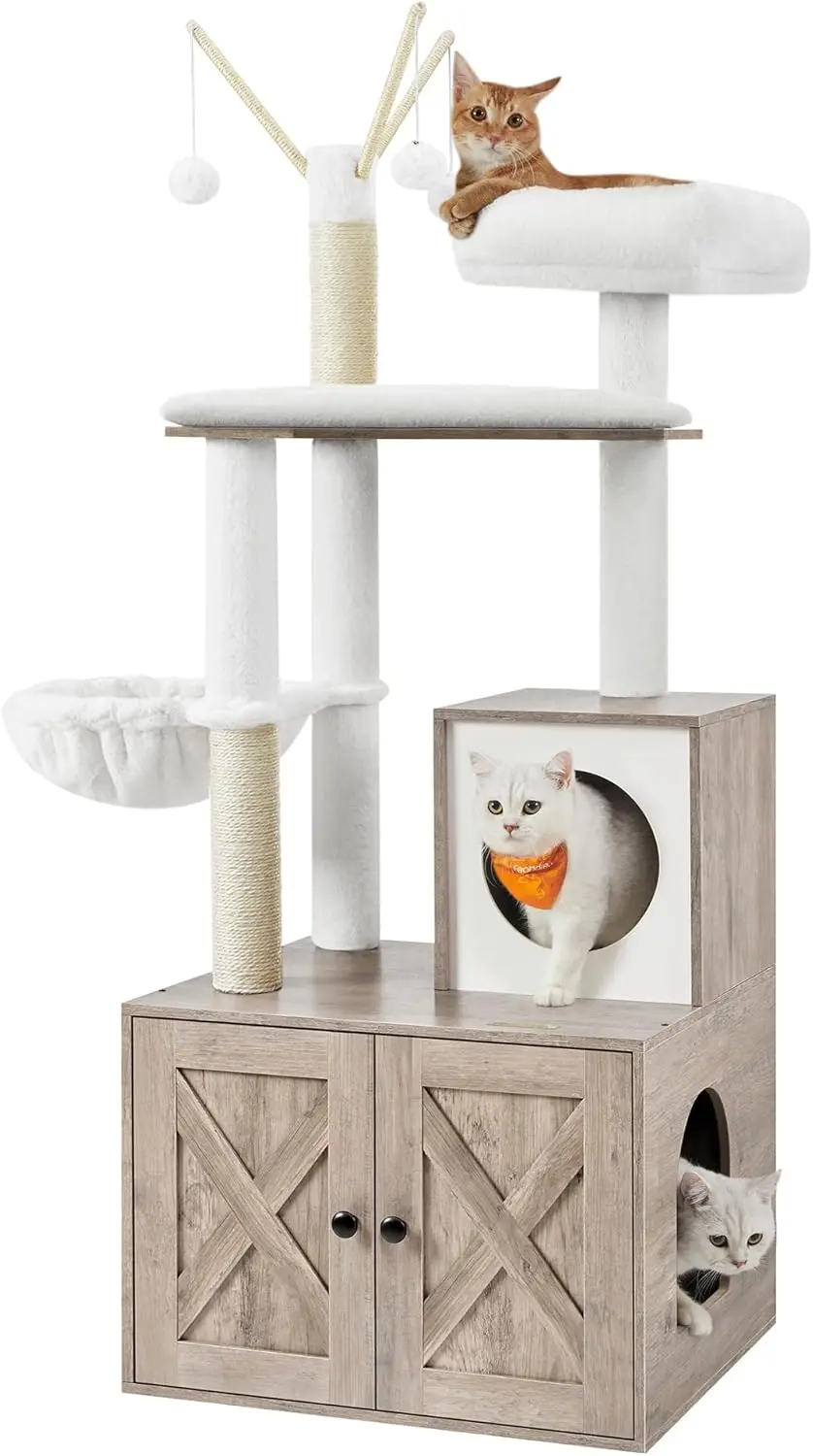 

Cat Tree with Litter Box Enclosure, 2-in-1 Modern Cat Tower, 55.1-Inch Cat Condo with Scratching Posts, Removable Pompom Sticks