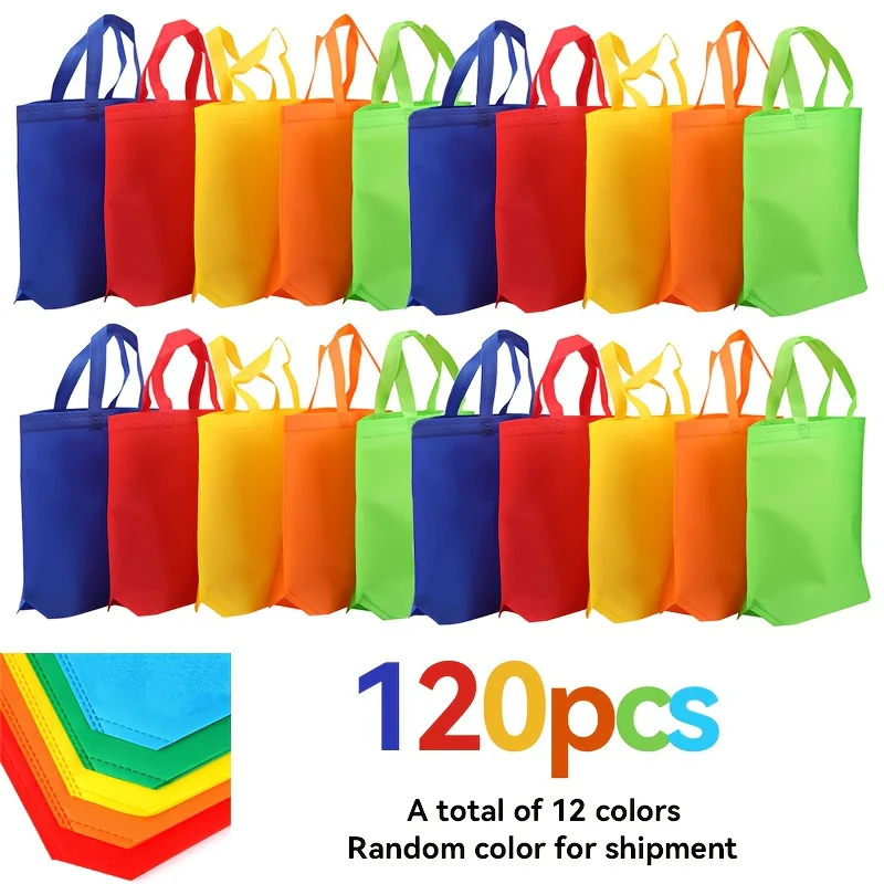 120pcs, Reusable Colored Non-woven Fabric Tote Bags - Foldable And Portable, 12 Bright Color Shopping Bags, Gift Bags, Easy to S