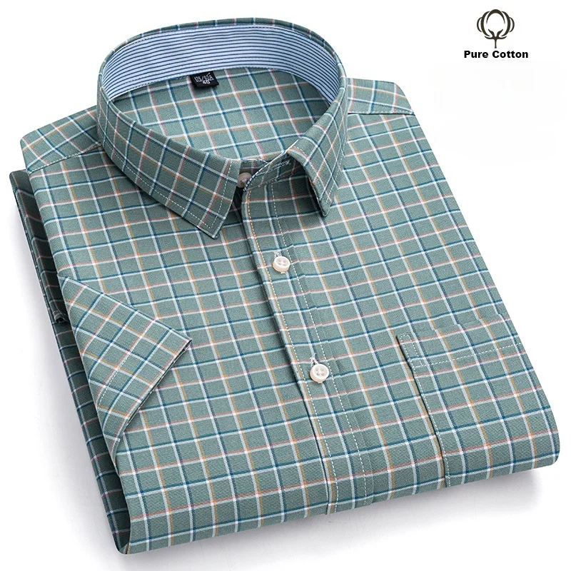 100% Cotton Oxford Men\'s Shirts Short Sleeve Plaid Soft Regular Fit Formal Dress Shirt Social Blouse Male Clothes Pocket S-7XL