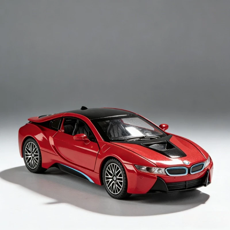 

Модель спортивного автомобиля i8 в масштабе 1:32, имитация из сплава, многофункциональная, с функцией отката, звуком и светом, коллекционная модель, украшение для автомобиля.