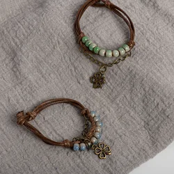 Lucky Four Leaf Clover Ceramic Bracelet Handmade Wax Cord With Crackle Beads Blue And Green Options Vintage For Women Gift