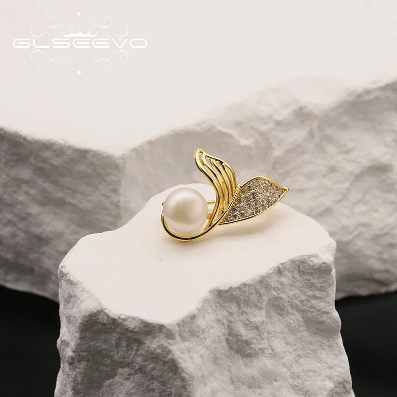 GLSEEVO New Korea Fashion Cute Pearl Fishtail Brooch Pin Ladies Clothes Elegant Accessories Brooches Christmas Gift Girl Jewelry