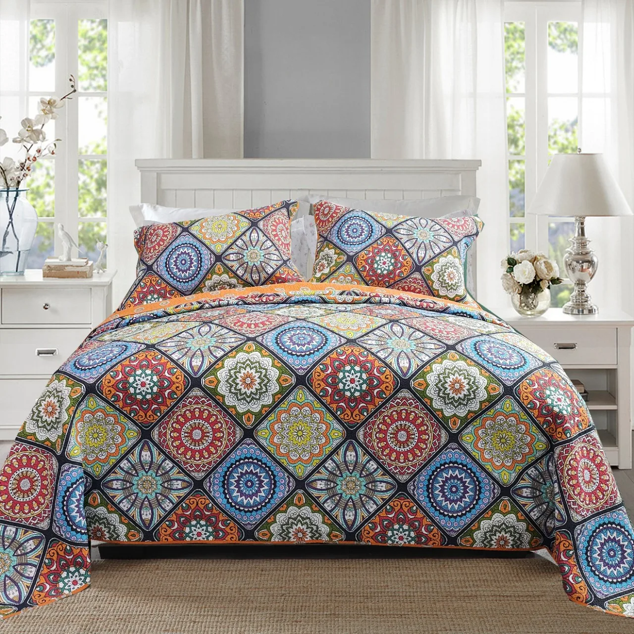 

CHAUSUB Garden Printed Cotton Quilt Set 3PCS Bedspread on the Bed Quilted Bed Cover Queen Size Coverlet Summer Comforter for Bed