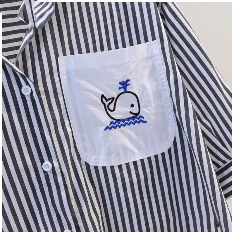 Casual Comfort Simply Short Sleeved Blue Striped Embroidery Shirt for Women\'s Summer Loose Slimming Trendy Contrasting Color Top