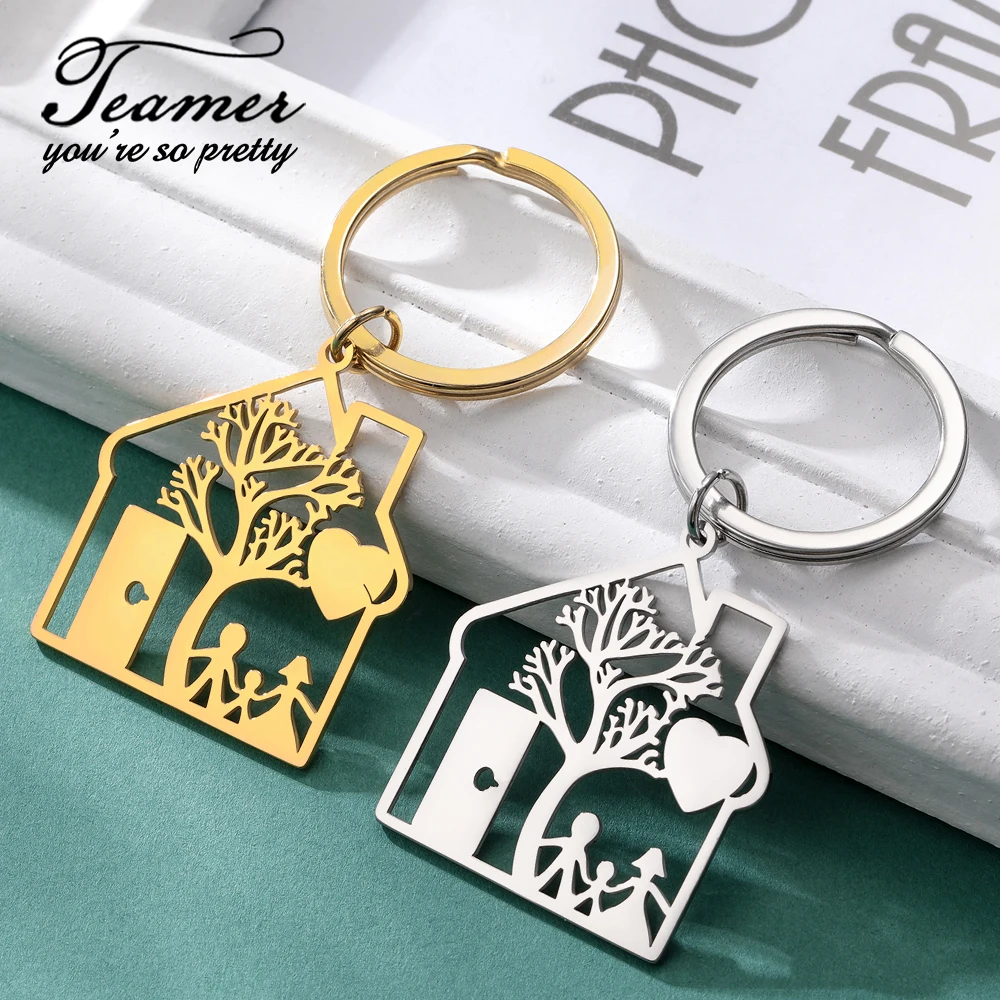 Teamer Family House Keychain Stainless Steel Mom Dad Child Tree Love Home Pendant Key Chains Women Men Jewelry Christmas Gifts