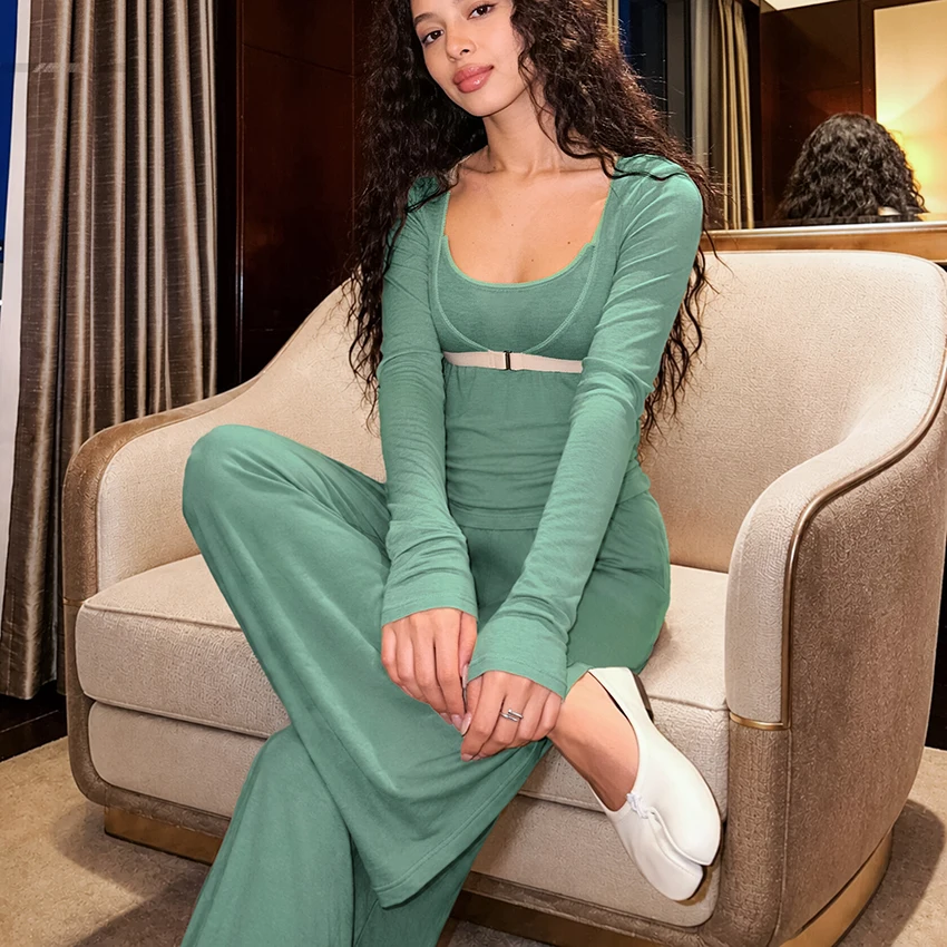 HiLoc White Casual Knit Elastic Pajamas 2-Piece Long-Sleeved Short Tops Sleeveless Camisole Top Elastic Waist Full Length Pants