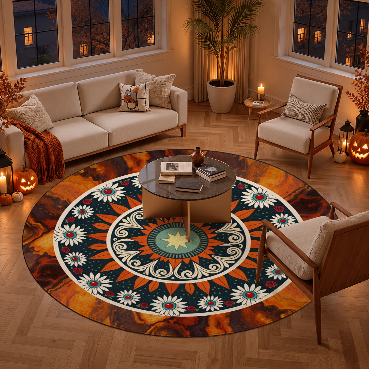 Ornate Floral Mandala Pattern Round Velvet Area Rug, Machine Washable Soft Plush Floor Mat for Living Room Bedroom Dining Room Entryway, Perfect for Halloween Thanksgiving Christmas New Year Black Friday Home Decor