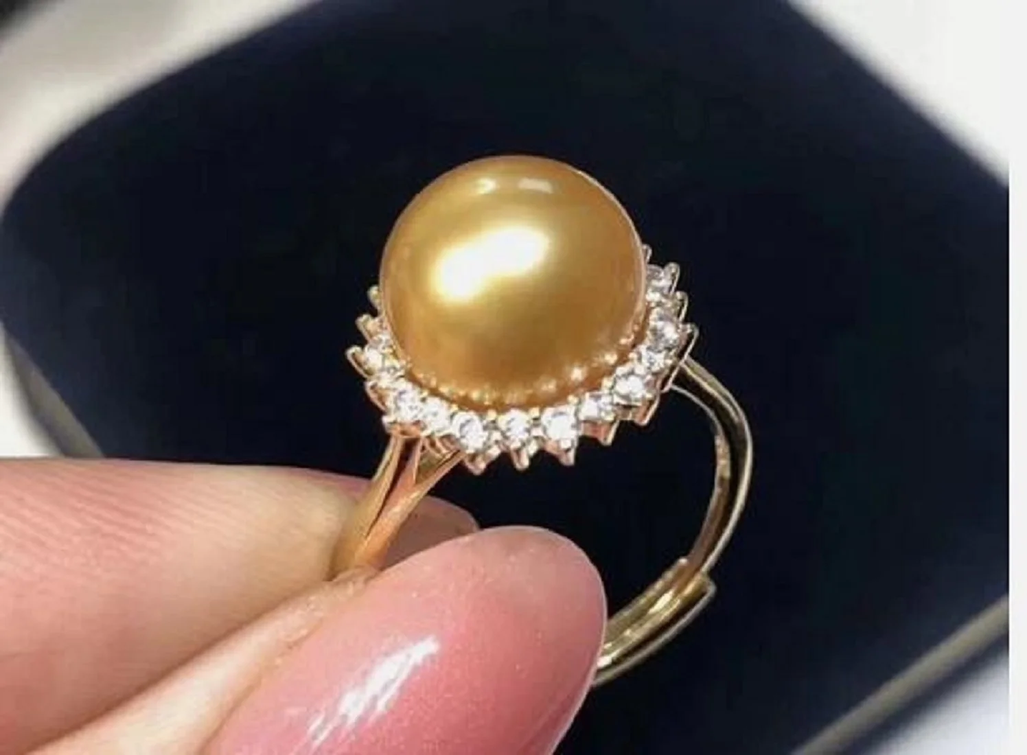 New Natural AAAA 9-10mm Genuine South Sea Golden Stud Pearl Ring Adjustable