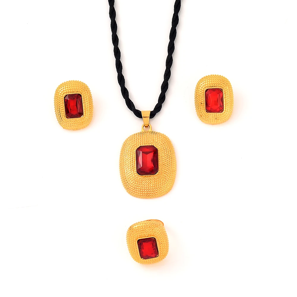 Party Wedding Ethiopian Red Stone Jewelry Sets Gold Color Fashion Stone Sets for African Traditional Festival