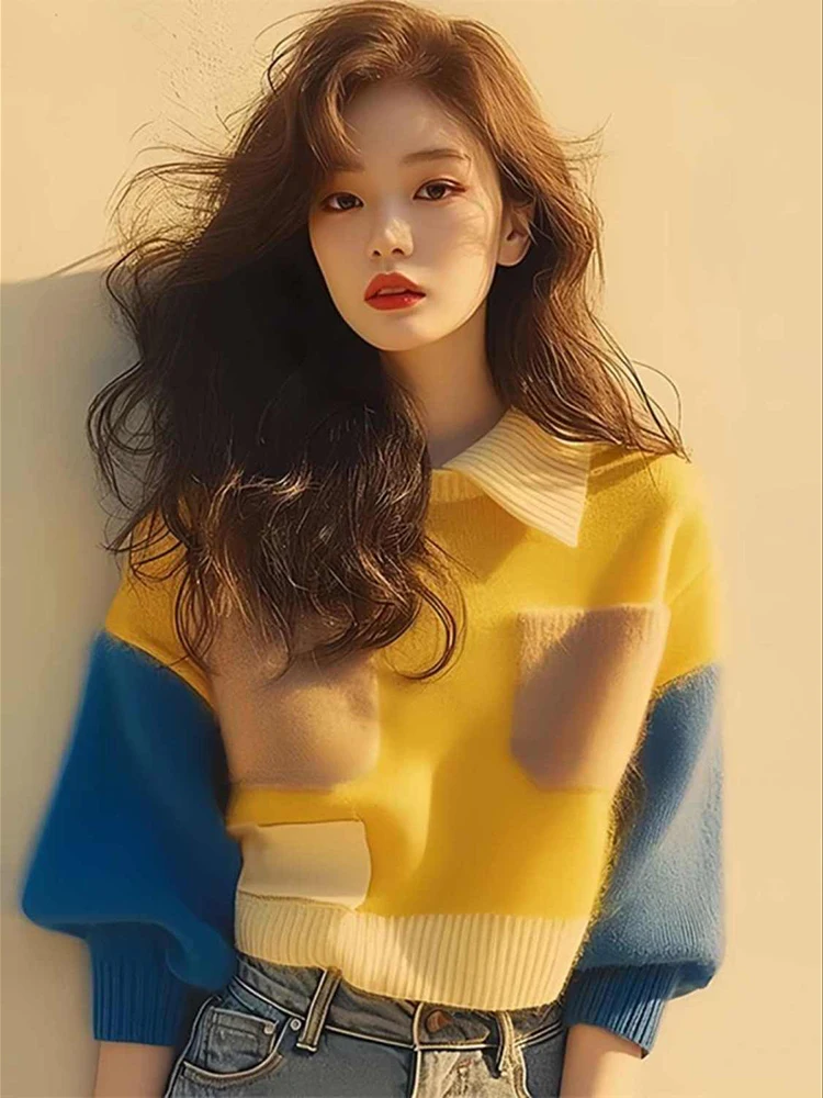 

Yellow mohair color blocked sweater knitted sweater for women 2025 new early autumn Korean version niche design top