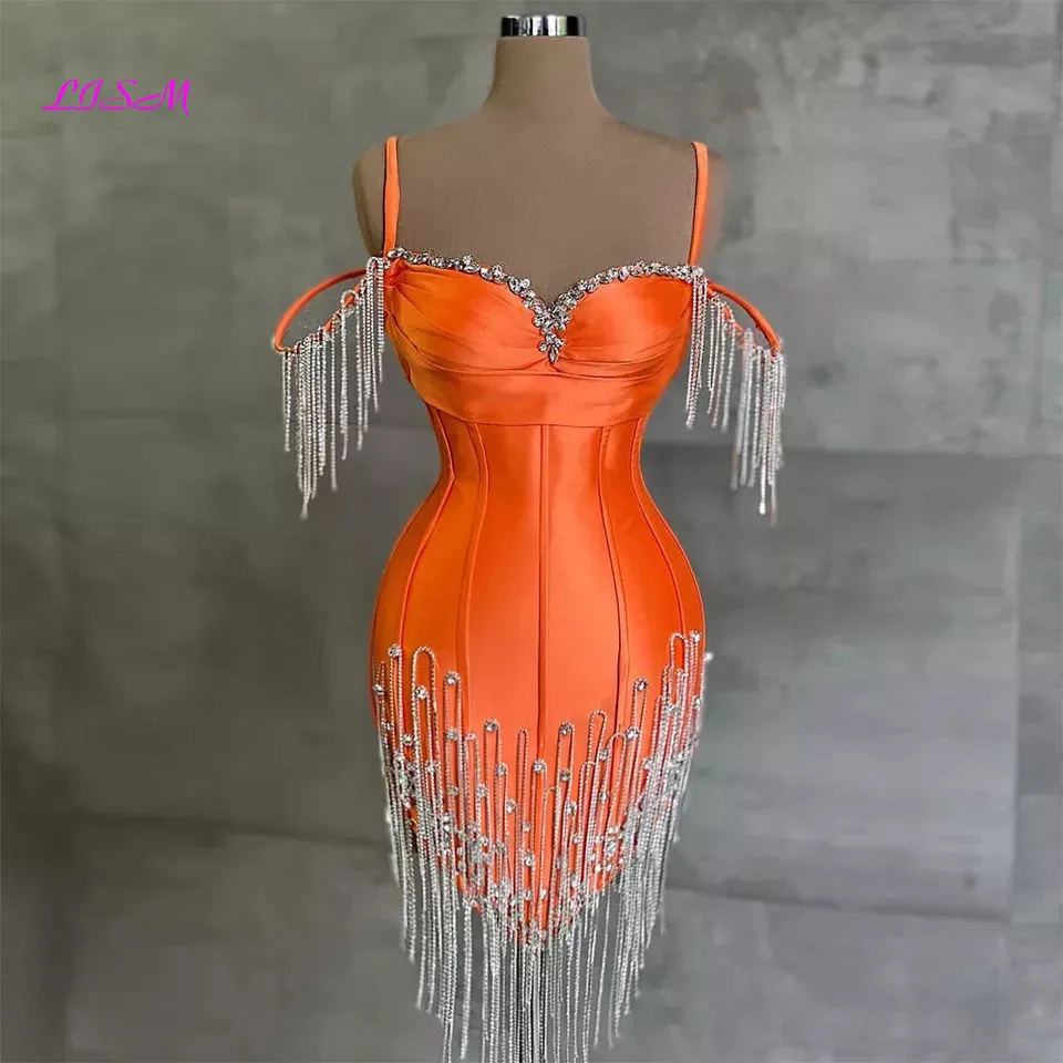 

Orange Mermaid Short Prom Dresses Luxury Crystals Tassel Mini Cocktail Dress for Black Girls Graduation Birthday Party Gowns