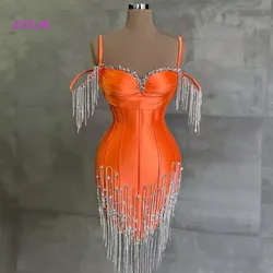 Vestido de coquetel com cristais Tassel para meninas negras, vestidos curtos de baile, mini vestidos luxuosos, sereia laranja, formatura e festa de aniversário