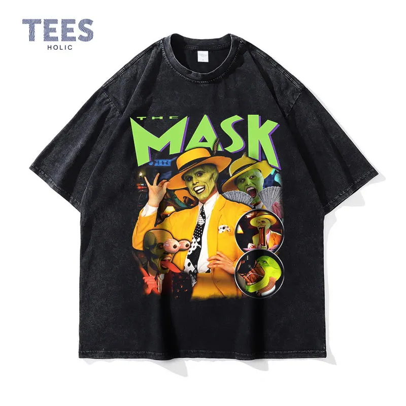 The Mask T Shirt Vintage Washed DTG Printing Tops Tees Movie Old School Oversized T-shirt Short Sleeve Sweatshirts Man Cotton