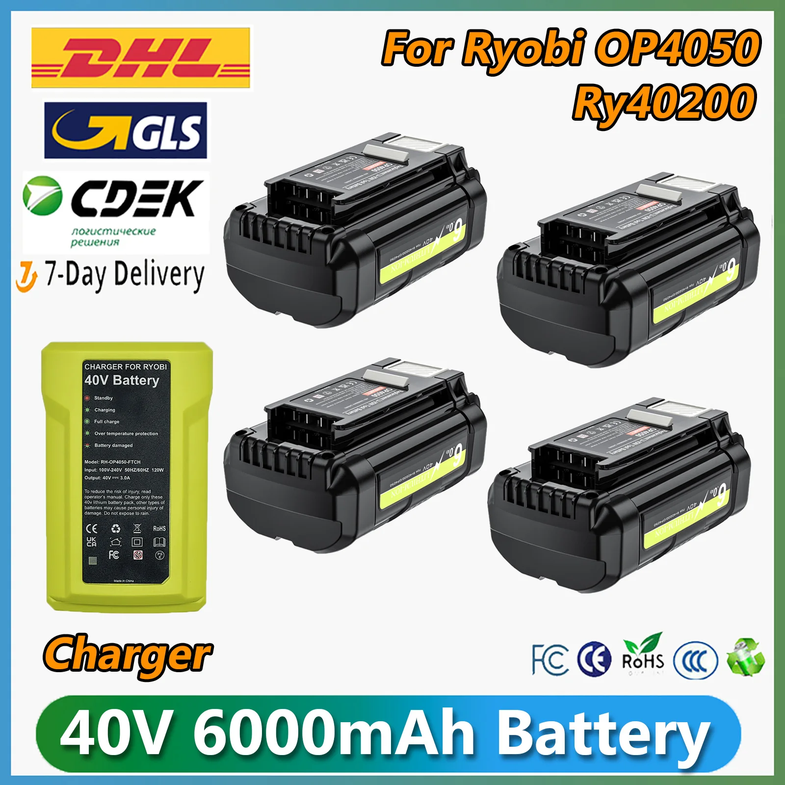 For Ryobi OP4050 Battery 40V 6.0Ah  Li-ion Battery OP4026 OP4030 OP40401 OP4060A OP40201 Ry40201 Replacement Batteries Charger