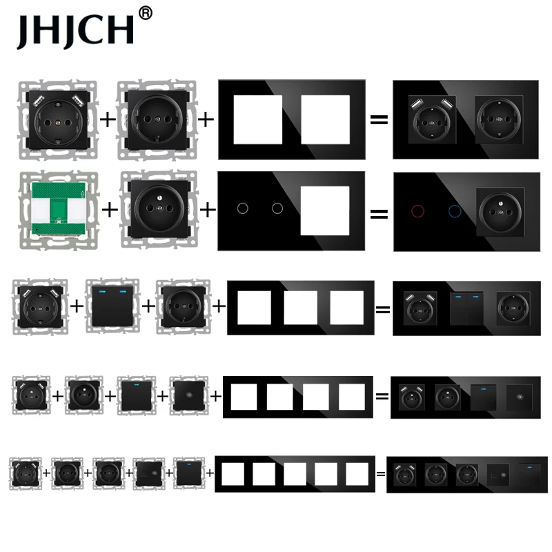 jhjch wall-mounted module diy European standard black glass panel socket switch button free combination function