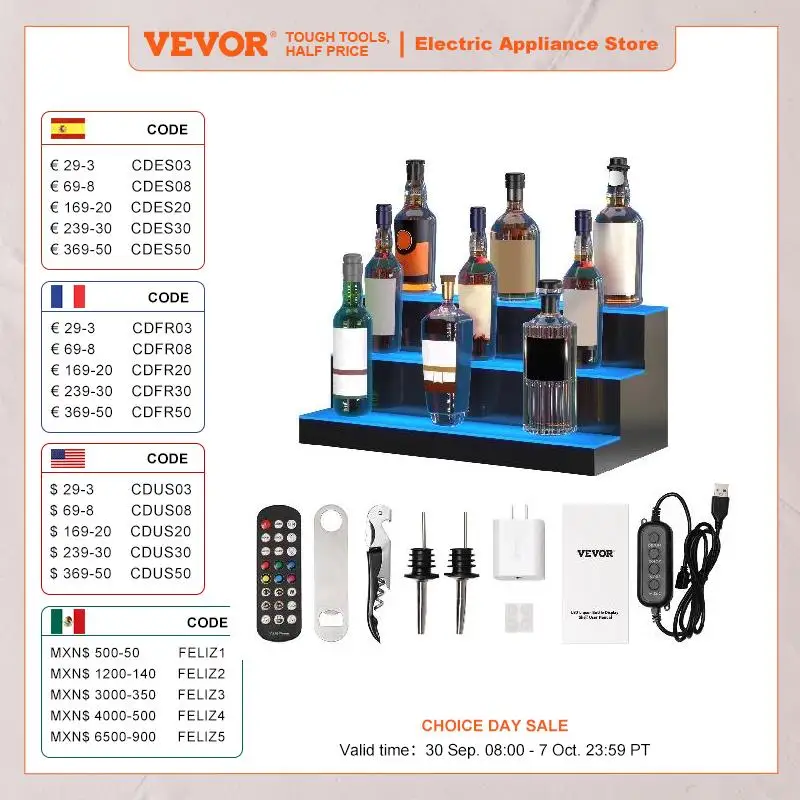 

VEVOR светодиодный стеллаж для ликера 16/24 дюйма 1/2/3/4-ярусная многоцветная прозрачная акриловая полка для бара с дистанционным управлением через приложение