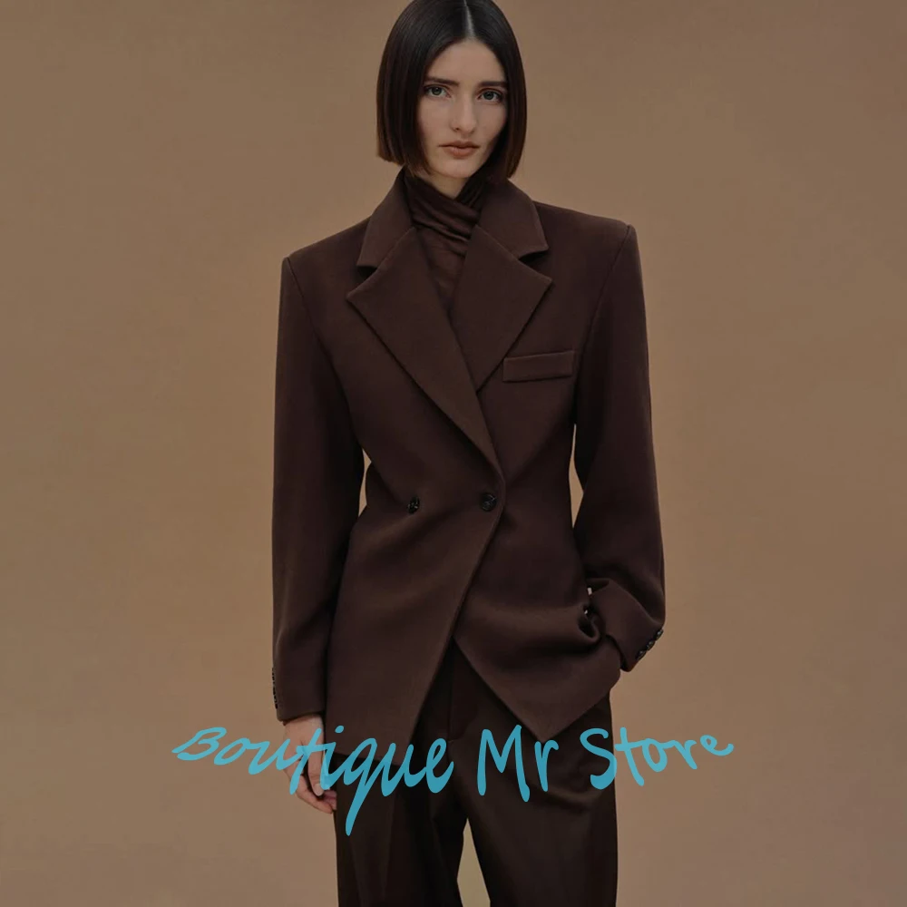 Winter Warme Wolmix Dames Bruine Kleding Double-Breasted Notch Revers Blazer En Broek Pak Tailored Fit Elegante Set