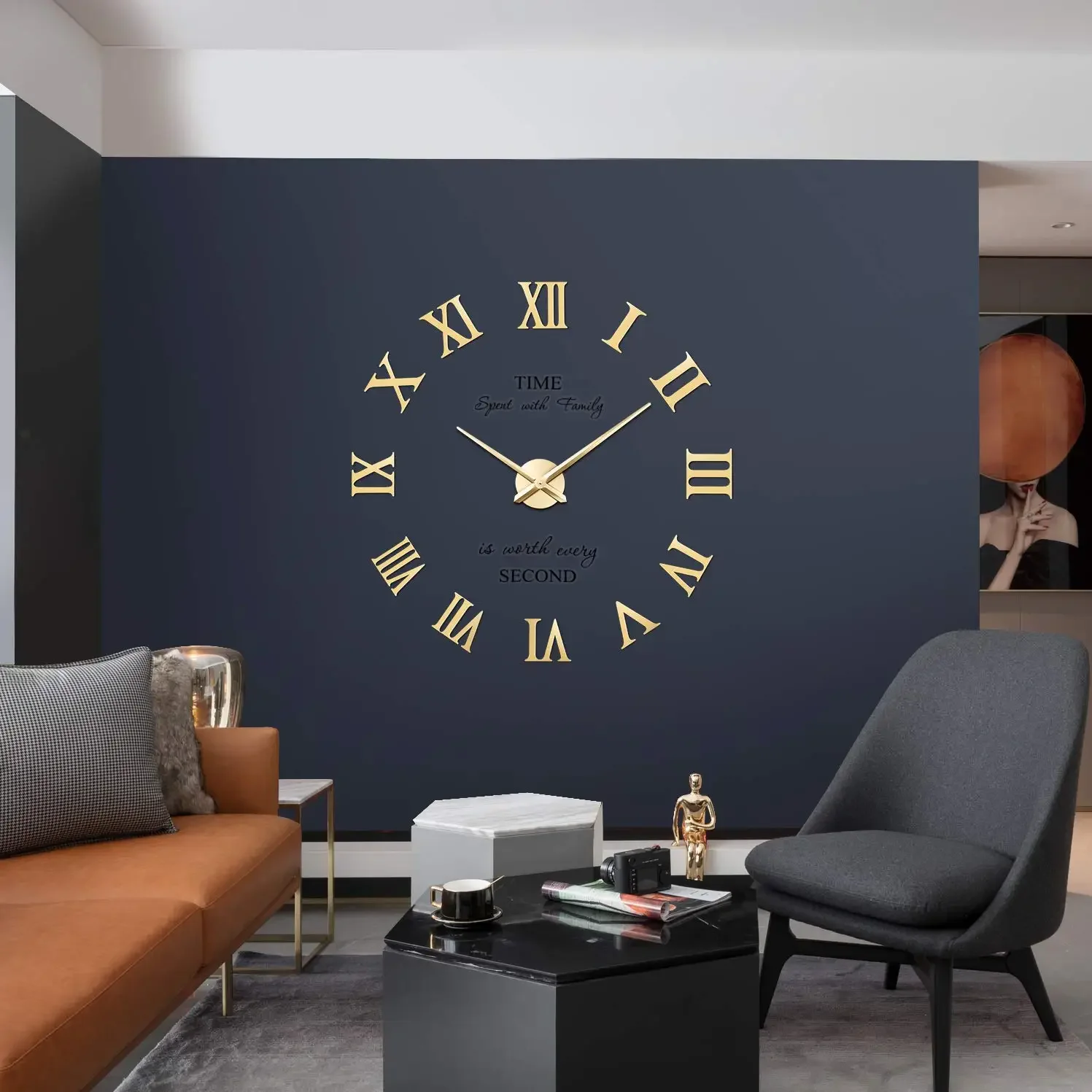 Gold Giant Roman Numerals Frameless Mirror Big Wall Clock Large 3D DIY Wall Clock Wall Stickers Decoration for Home Living Room