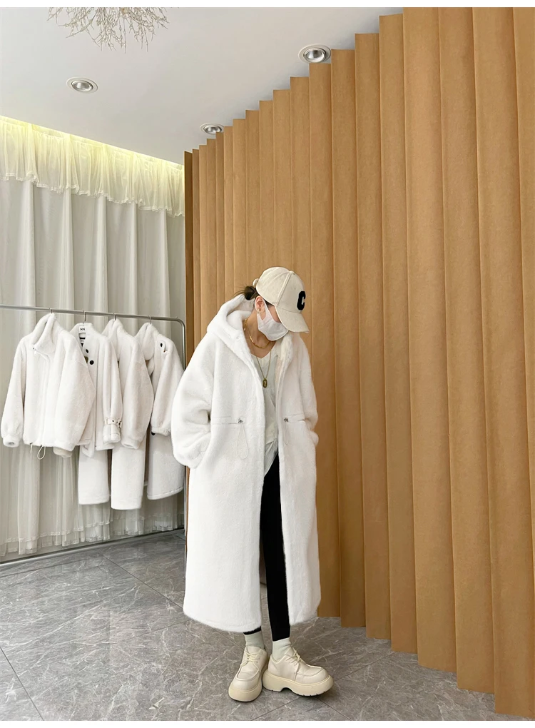 Lautaro Winter Long Oversized Warm Thick Blue White Fluffy Faux Fur Coat Women with Hood 2022 Loose Casual Korean Style Fashion