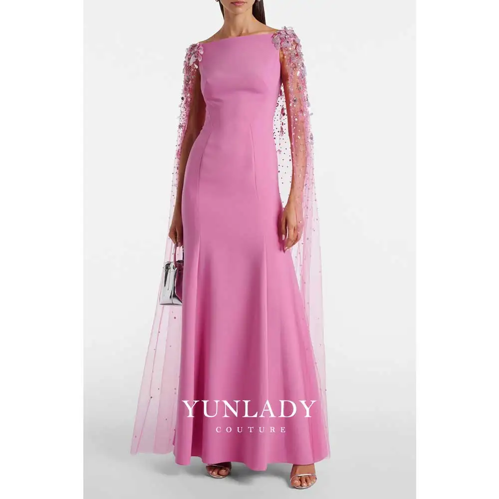 

YUNLAN Luxury 2026 Arabic Pink Mermaid Evening Dresses Gowns With Beaded Cape For Women's Wedding Party Customized