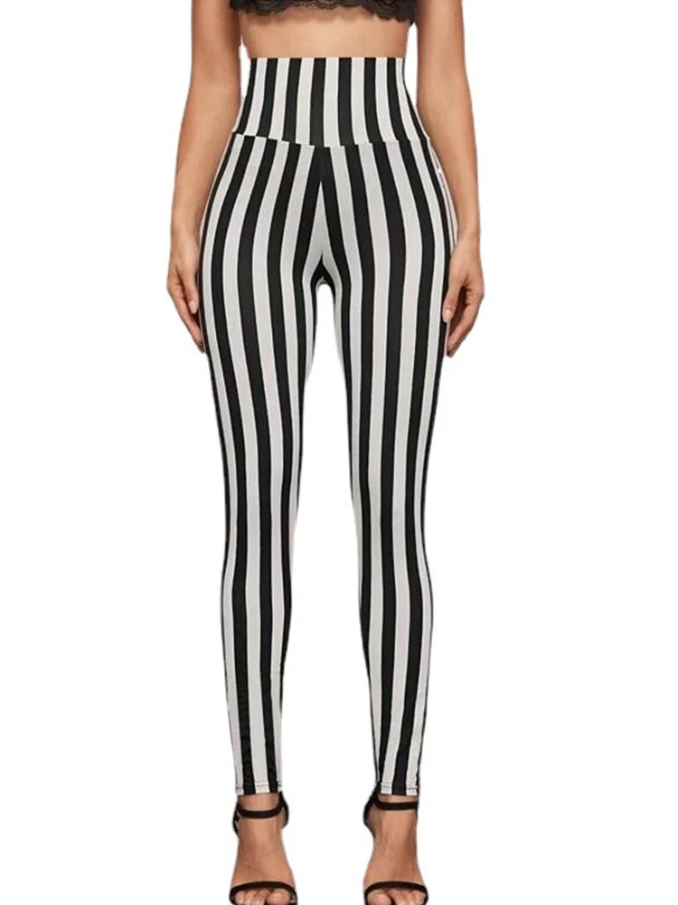 Black White Striped Printed Leggings Sexy Women Fashion High Waist Elastic Gym Workout Pencil Pants Fitness Jeggings