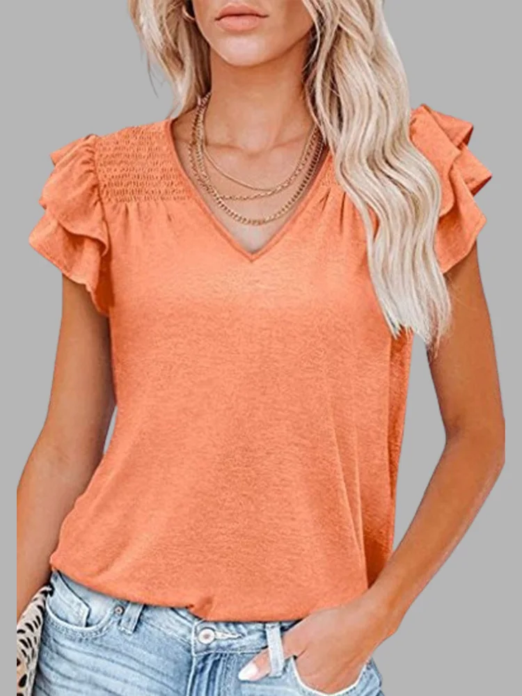 6-Color Summer T-Shirt For Women Casual V-Neck Pleated Short Sleeved Top Female Casual Daily Tee