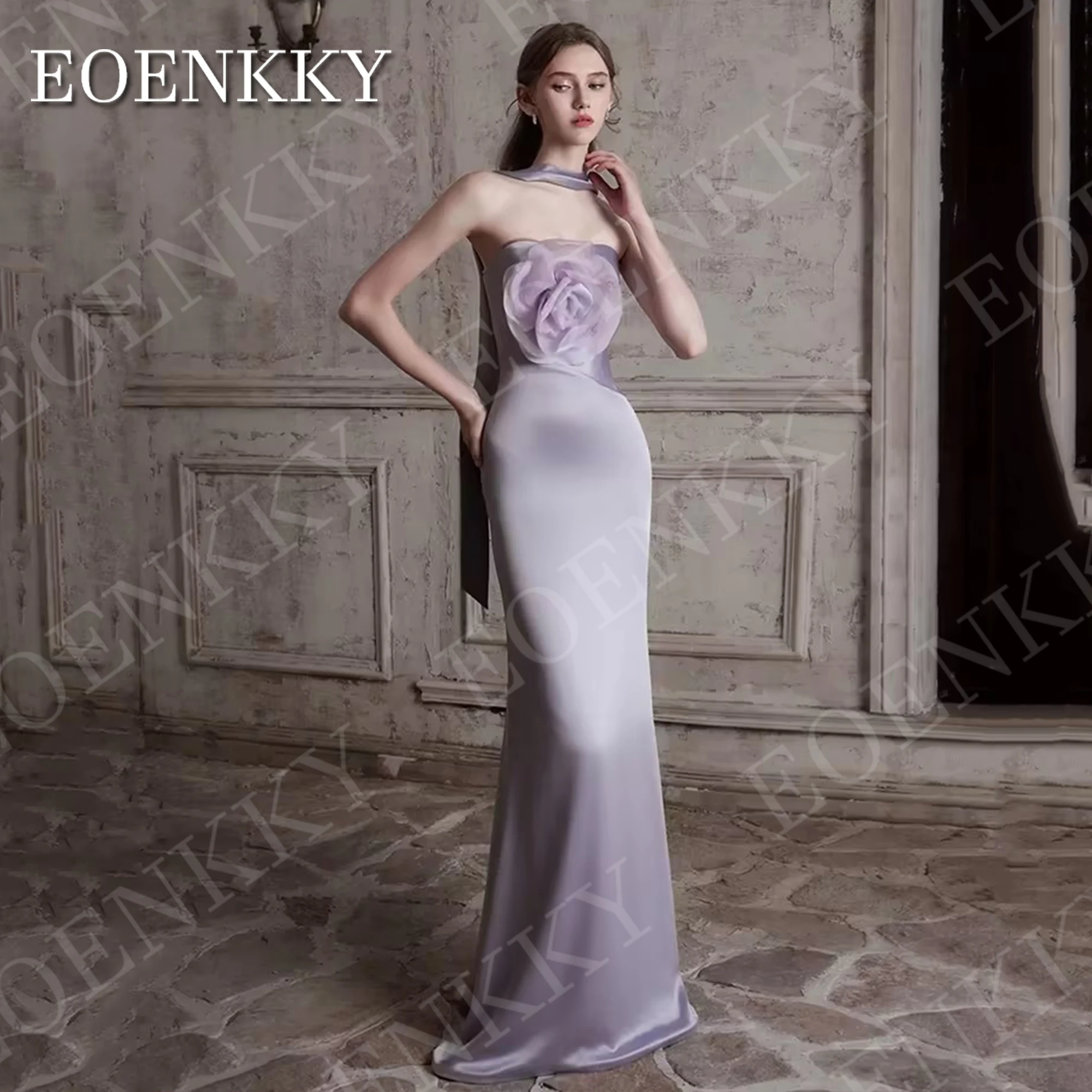 

EOENKKY Strapless Evening Dresses Lavender Mermaid Sweetheart 3D Flower Sleeveless Party Dress Satin Customized robe de soirée