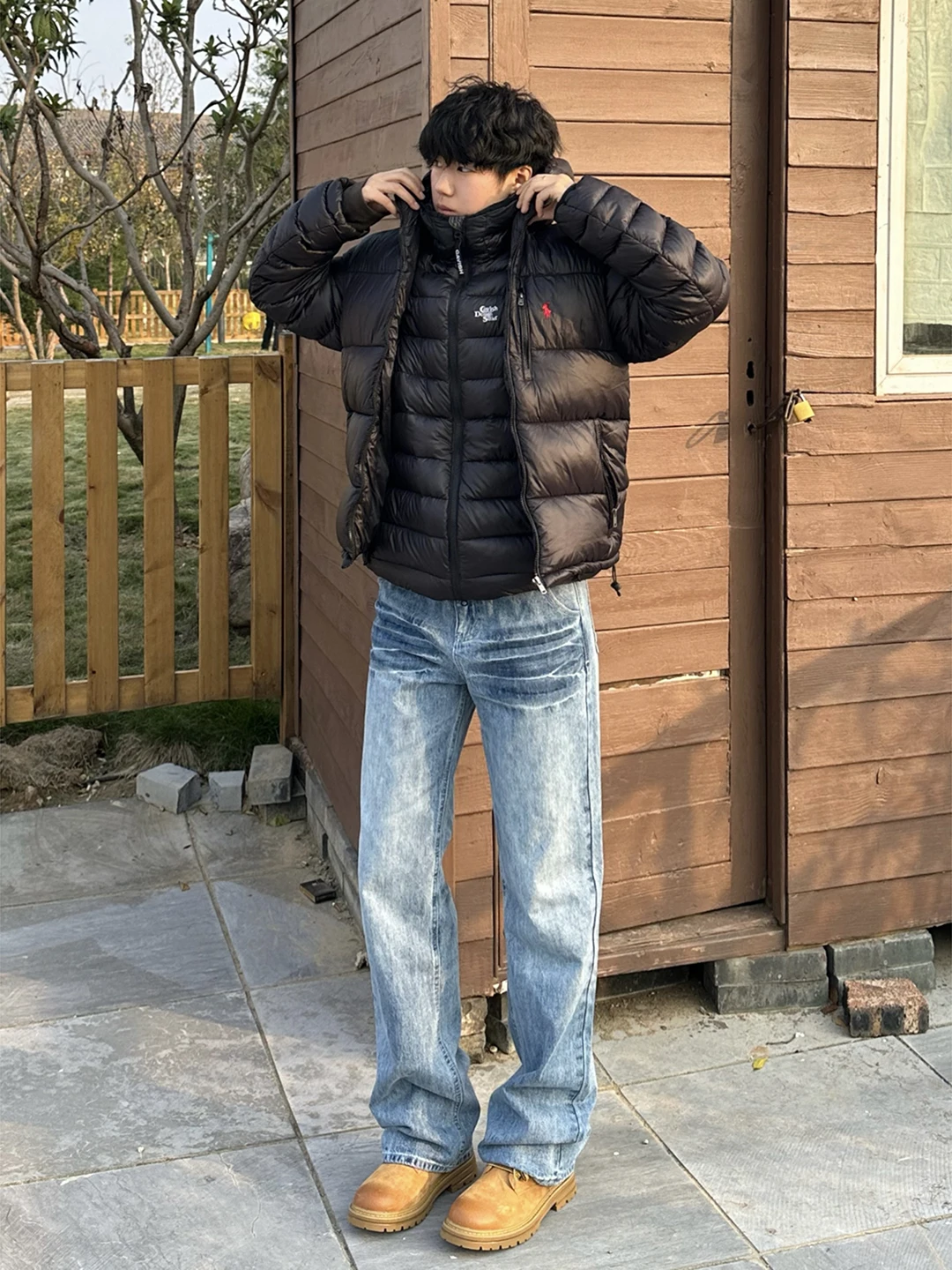 

Мужские джинсы с синим узором Blue Thunder, прямые, на флисовой подкладке, в стиле High Street, зимние брюки с завышенной талией и расклешенными манжетами