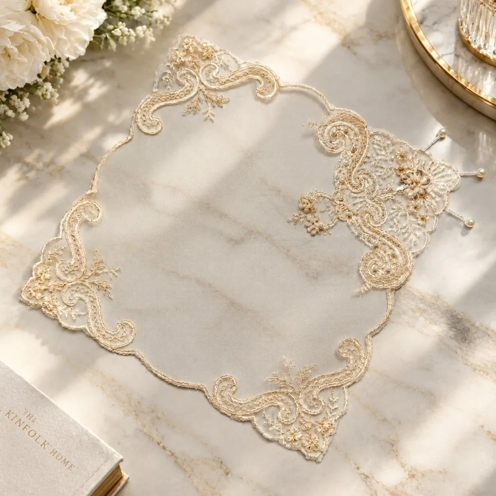 28cm Embroidery Placemats Square Shape Flower Embroidery Floral Doily Mats Mesh Fabric European Style Embroidered Handkerchief