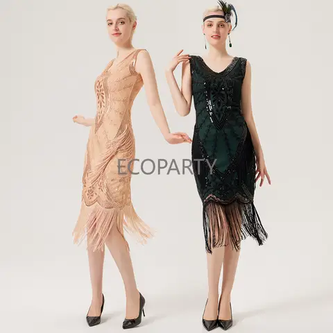 1920-tals vintage paljettklänning damer V-ringad linne med tofsklänning elegant festklänning Great Gatsby Flapper-kostym 10 best sales 1920-talsklänning - №3