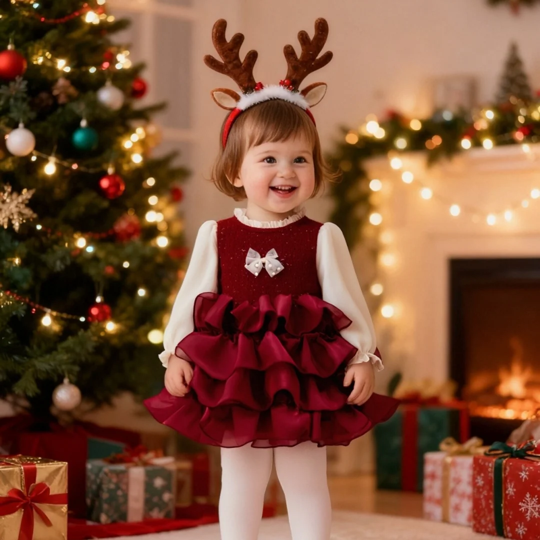 

Winter New Baby Girl Velvet Dress Sweet Bow Fluffy Princess Dress Christmas Party Dress Children'S Clothing 9 Months To 3 Years