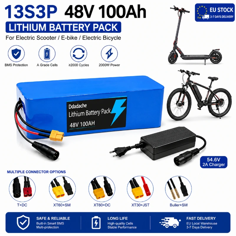 48V 100Ah 2000W 13S3P Li-Ionen-Akku für Elektroroller E-Bike 18650 Akku mit Smart BMS 54,6V Ladegerät EU Lager 3-7 Tage Lieferzeit