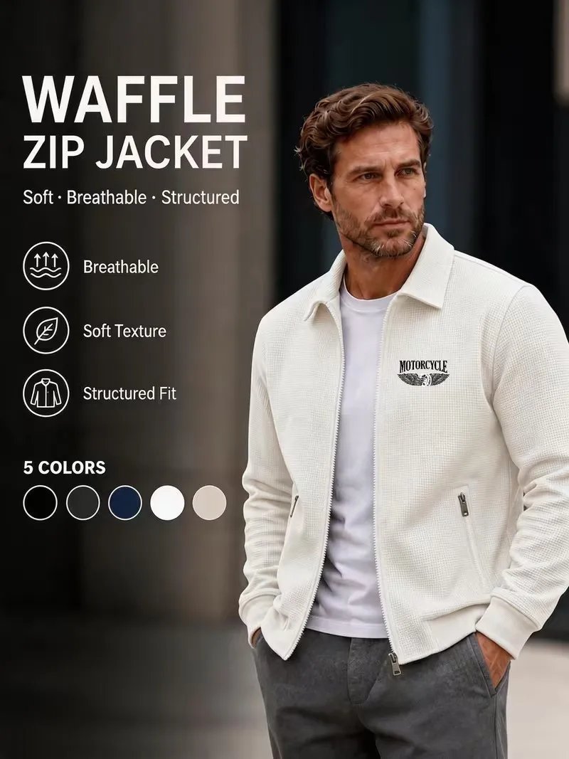 Men's Premium Casual Waffle Lapel Zip up Jacket Logo Detail Spring Autumn Versatile Fashion Outerwear 4 Colors