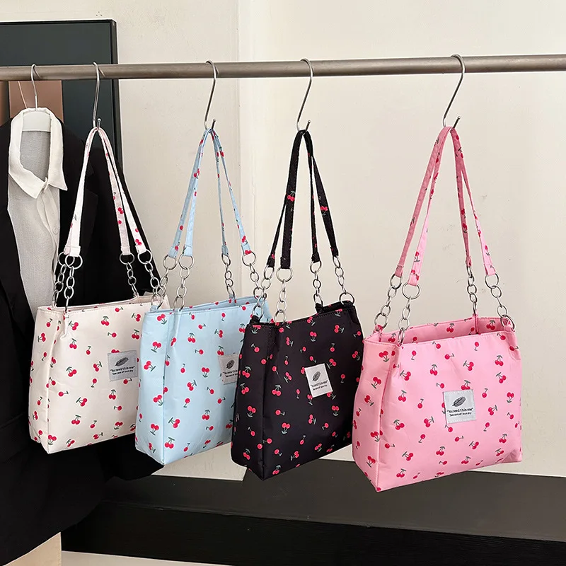 Casual Large Capacity Tote Bag Zipper Lightweight Shoulder Bag Cherry-print Handbag Girls