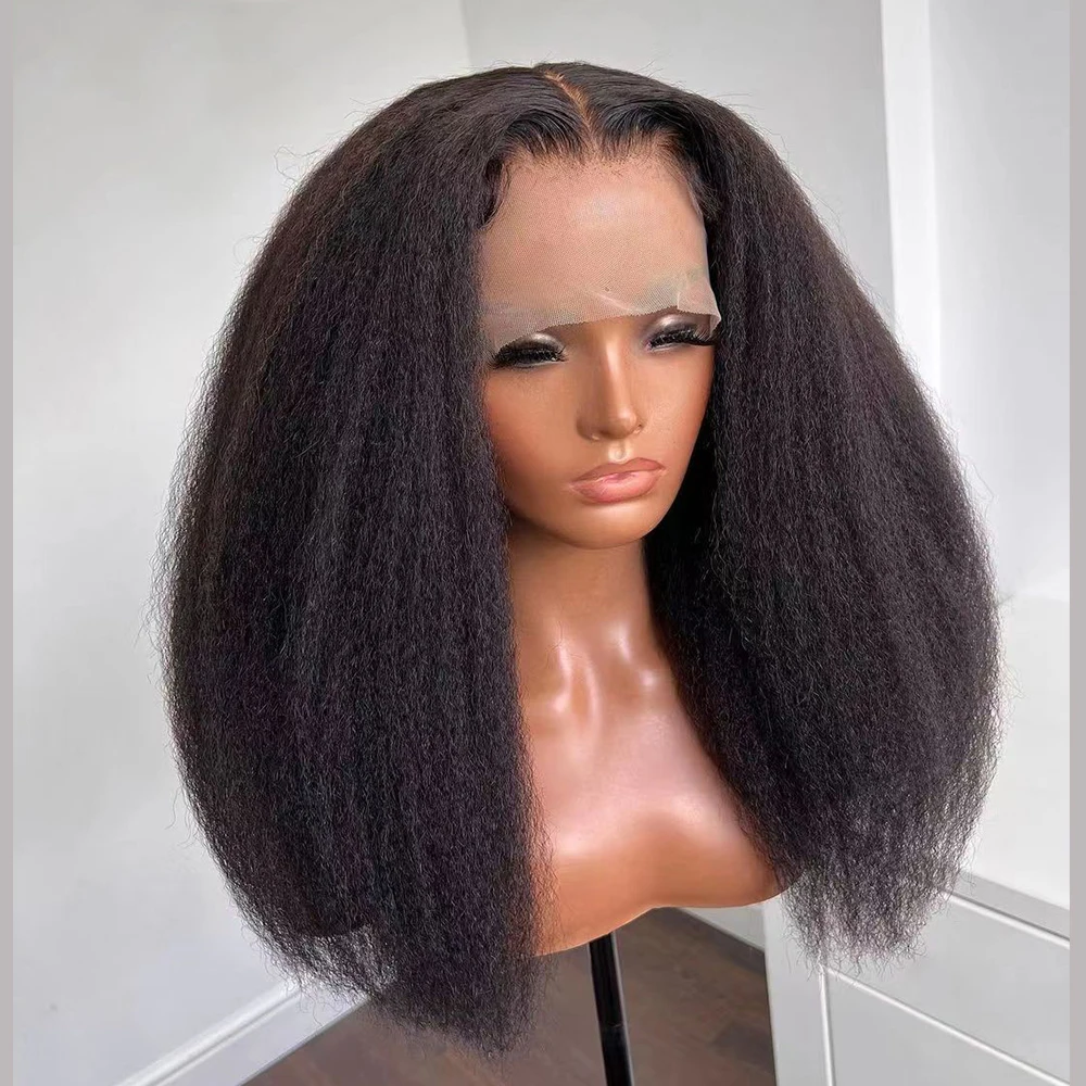 Soft Preplucked Deep 180%Density Glueless Yaki 26 Inch Long Kinky Straight Lace Front Wig For Women Babyhair Natural Black Daily