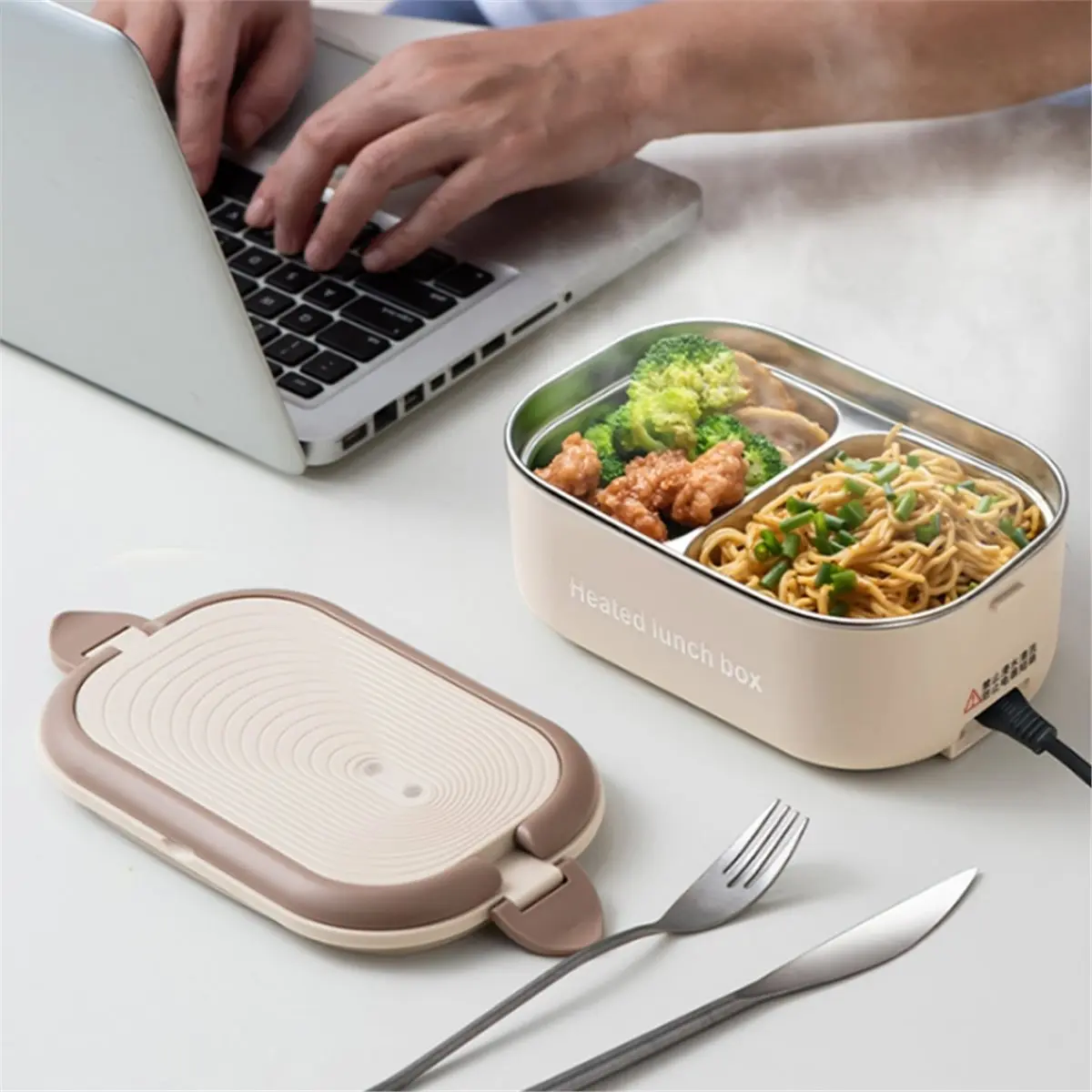 AA25 220V EU Plug Portable Electric Lunch Box 1L Stainless Steel Set Office Food Warmer Heat Beige