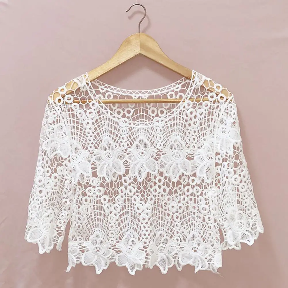 Women Hollow Out Embroidery Floral Lace Cover Up O-Neck Half Sleeve Blouse Jacquard Solid Color Loose Fit Pullover Tops