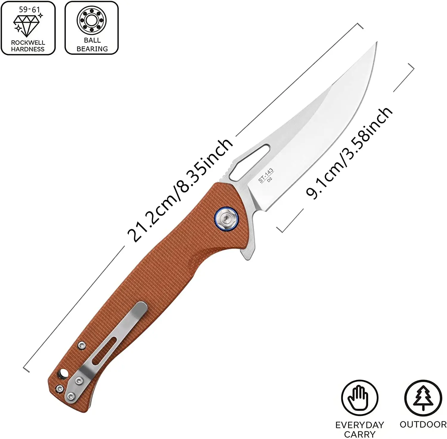 Sitivien ST143 Folding Knife,D2 Steel Blade ,Micarta Handle EDC Tool Knifes Pocket Knives for Outdoor, Camping, Survival Working