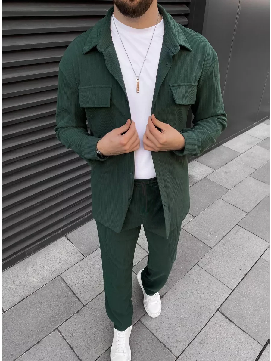 2025 Men's simple new front buckle lapel double pocket long sleeve two-piece casual sports solid color striped fashion comfortab