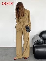 OOTN Khaki Office Pants Sets Two Pieces Women Lace-Up Shirts Outfits Casual Wide Leg Pants Suit Ladies Autumn 2024 Pants Outfits