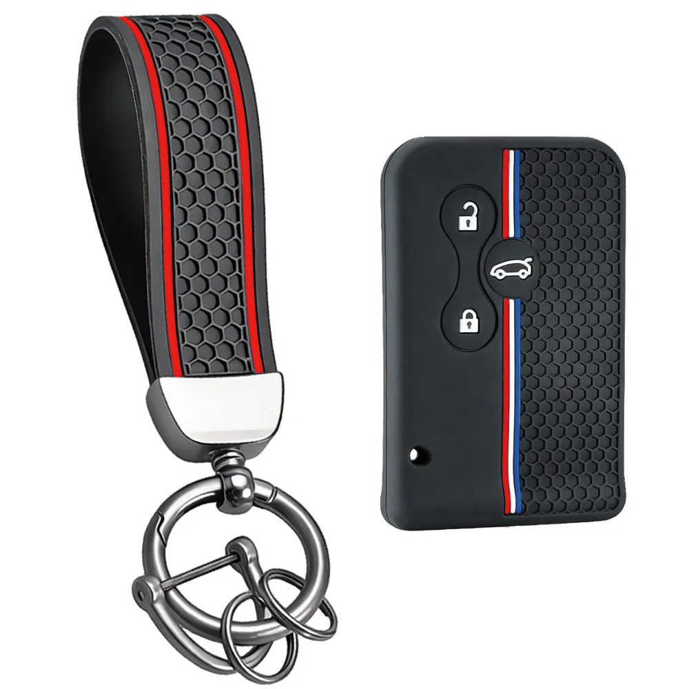 Honeycomb Tricolor Stripe Silicone 3 Button Key Cover With Keychain For Renault Scenic Clio Logan Megane Koleos Smart Card Fob