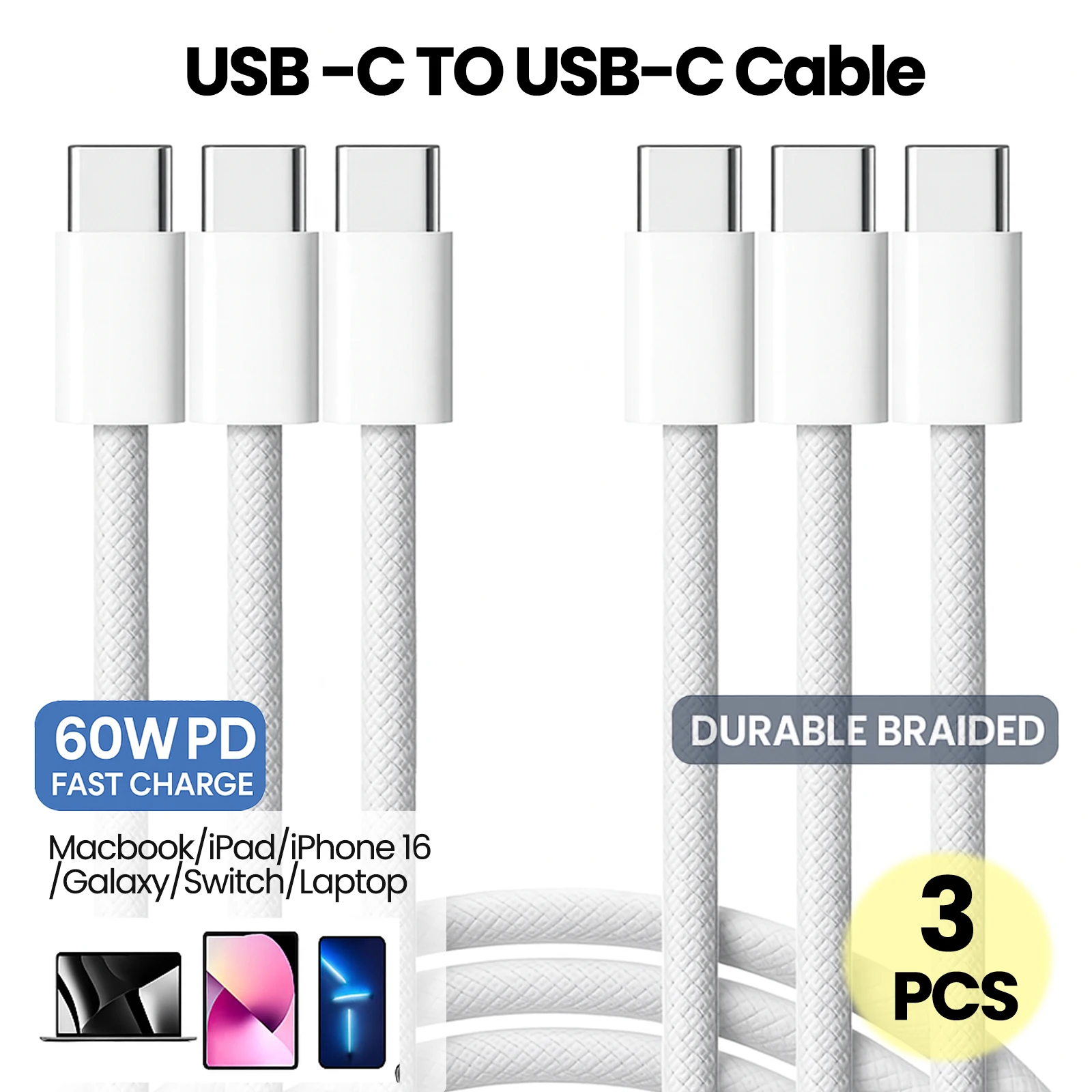 

60W USB C TO USB C Cable, 3PCS USB C Fast Charging Cores for MacBook, iPhones 16Pro Max,15Pro MAX, Galaxy S23/S24, Laptop