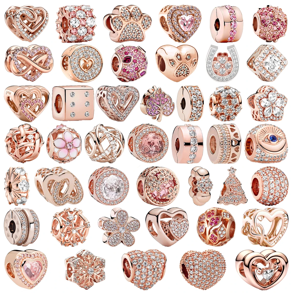 Rose Gold Plated Sparkling Snowflake & Entwined Hearts Pavé Charm Bead Fit Original Silver 925 Pandora Bracelet DIY Jewelry Gift